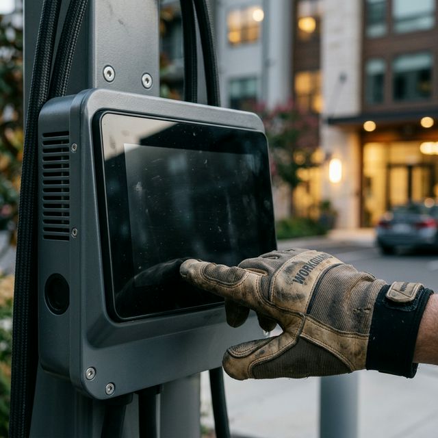 Close up of a dead EV charger screen being reset by an electrician