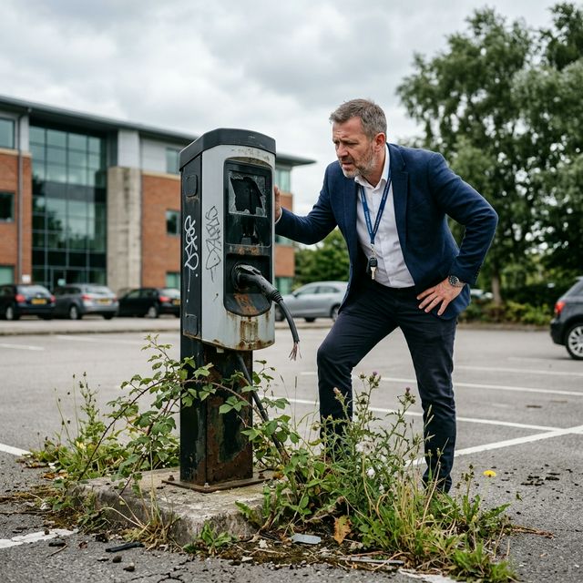 Frustrated property manager looking at an abandoned EV charger