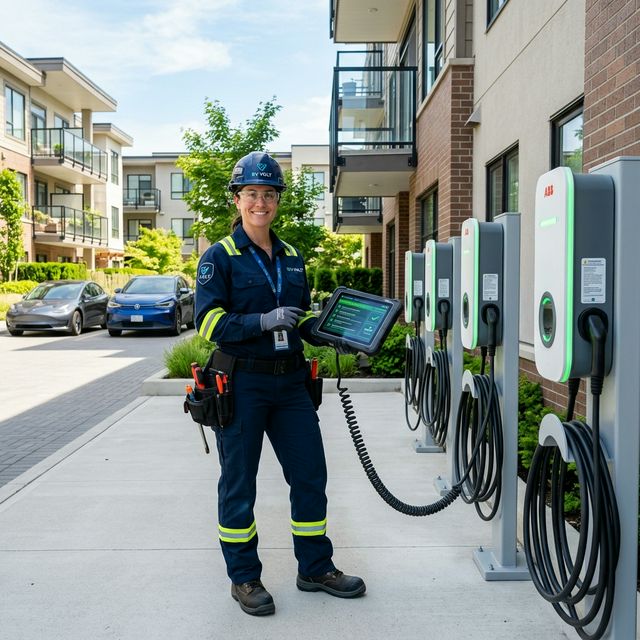 Professional electrician performing a preventative maintenance checklist on EV chargers